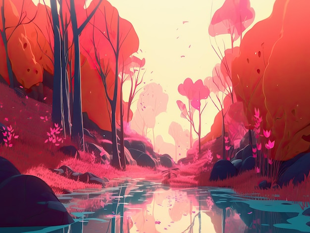 Картина ручья с красными листьями и розовым небом на открытом воздухе исследует туристическую иллюстрацию