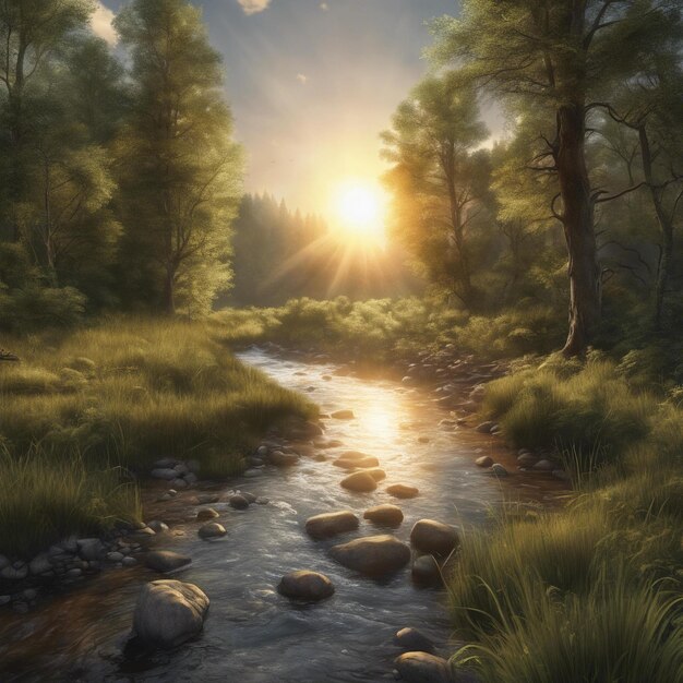 Foto un dipinto di un ruscello con rocce e alberi sullo sfondo