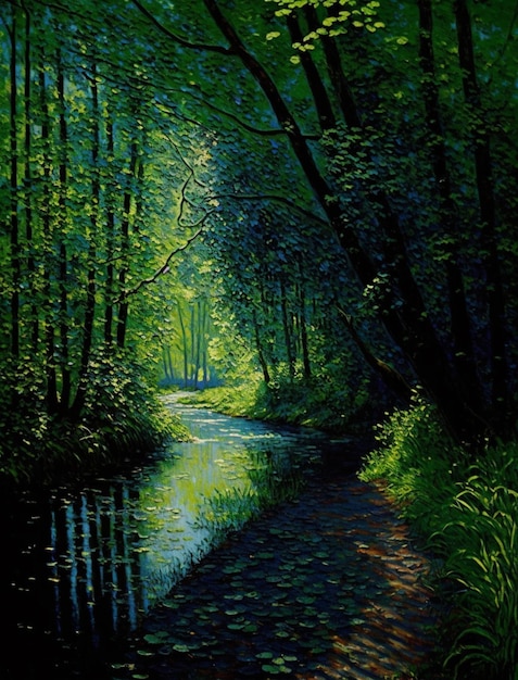 A painting of a stream with the sun shining on it