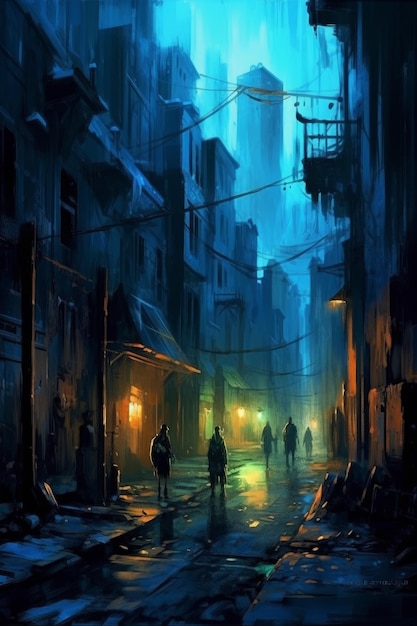 A painting of a street in the dark