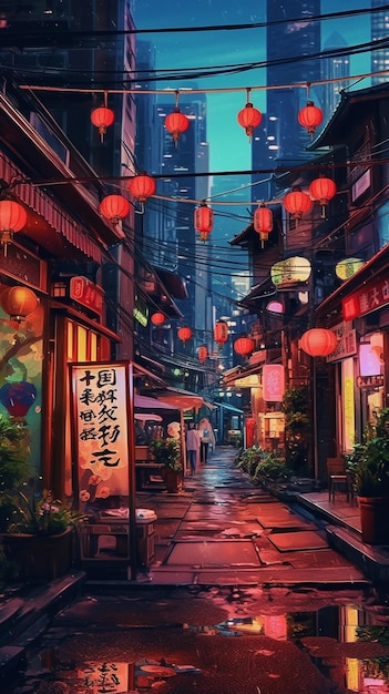 A painting of a street in japan