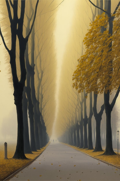 Painting of a street lined with trees generative ai