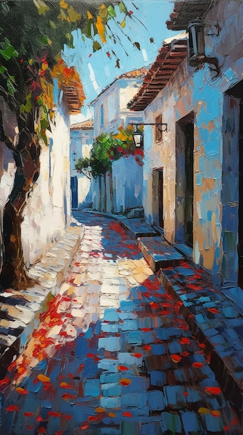 A painting of a street in the old town of cefalu.