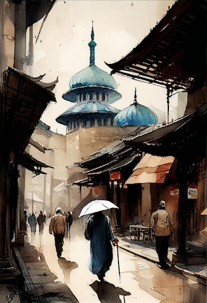 A painting of a street scene with a blue dome on the left side.