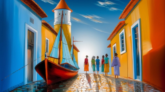 A painting of a street scene with a boat in the background.