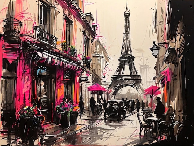 Photo a painting of a street scene with a building with a pink umbrella
