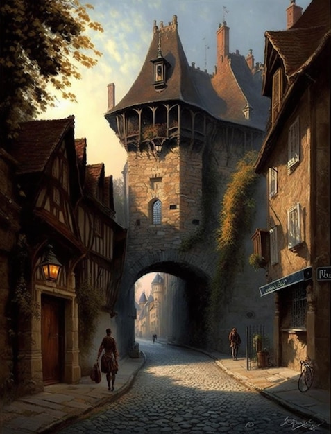 A painting of a street scene with a castle in the background.