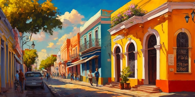 A painting of a street scene with a colorful building and a sign that says " cafe ".