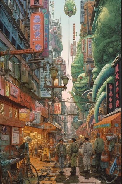 A painting of a street scene with a green monster on the left side.