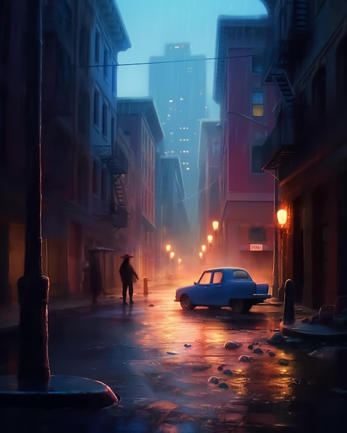 通りに立つ男性と前景に車が描かれたストリートシーンの絵画。