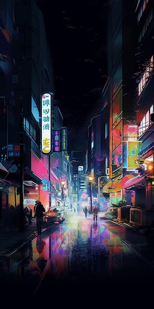 A painting of a street scene with a neon sign that says'shibuya '