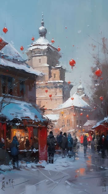 A painting of a street scene with a snowy building in the background.