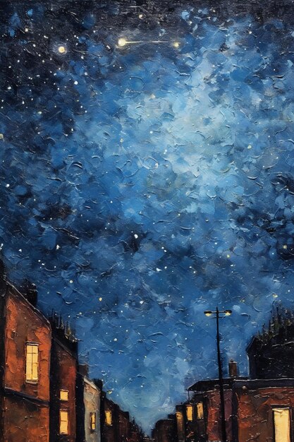 A painting of a street scene with a starry sky and a street light