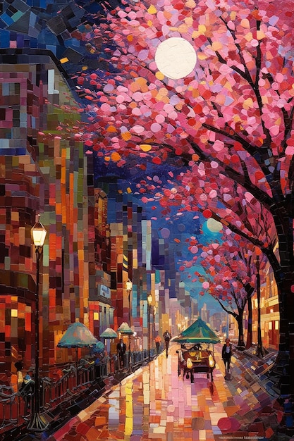 Картина уличной сцены с деревом с розовыми цветами.