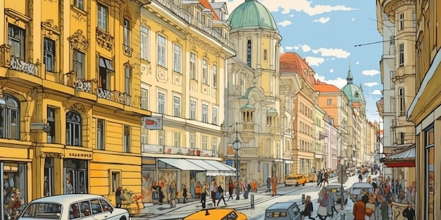 a painting of a street scene with a yellow building in the background.