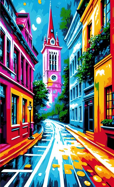 A painting of a street with a clock tower in the background.