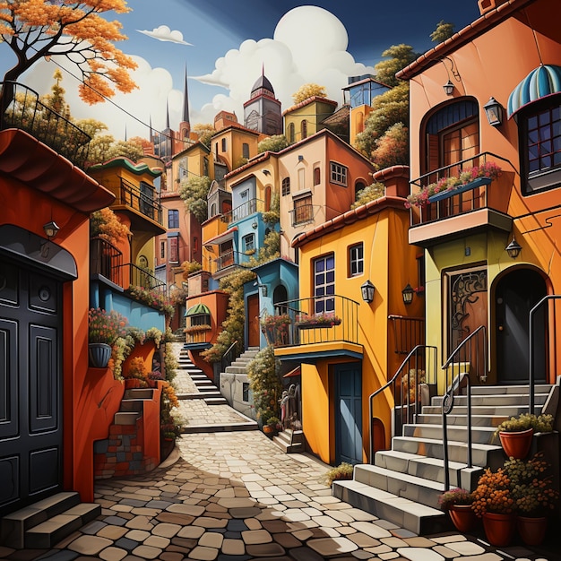 painting of a street with colorful buildings and stairs leading to a building generative ai