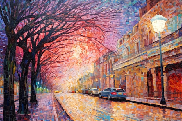 A painting of a street with a colorful sky and trees.