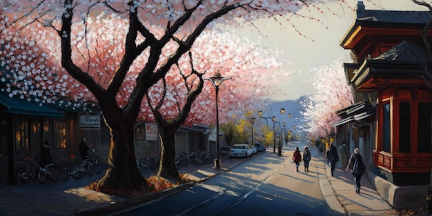 A painting of a street with a couple walking in front of a street with pink trees.