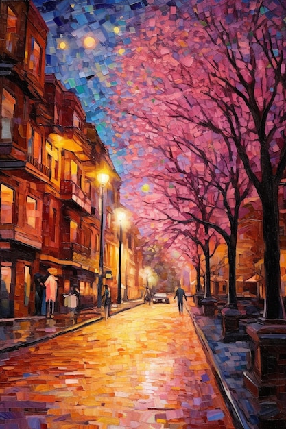 A painting of a street with a couple walking on it