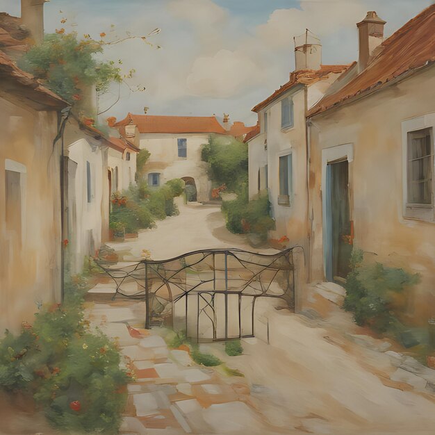 a painting of a street with a gate that says  the gate