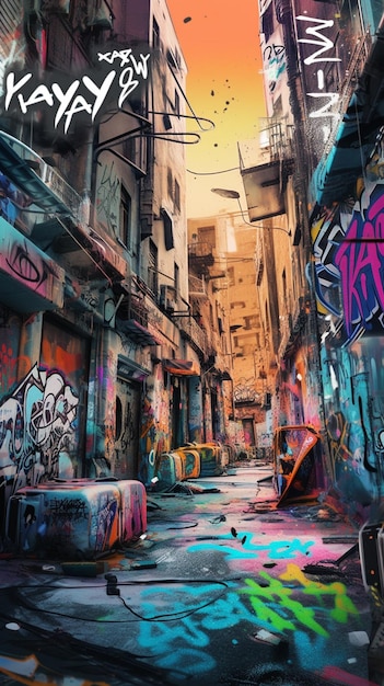 A painting of a street with graffiti on it