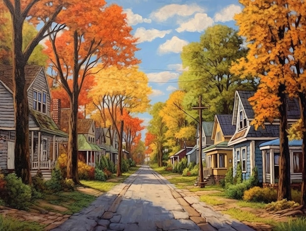 Painting of a street with houses and trees in the fall generative ai