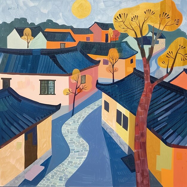 a painting of a street with houses and trees