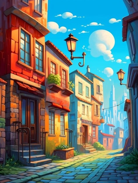 A painting of a street with a lamp post and buildings generative ai