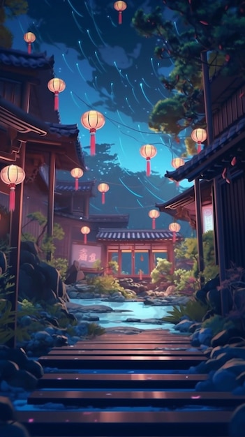 A painting of a street with lanterns in the background