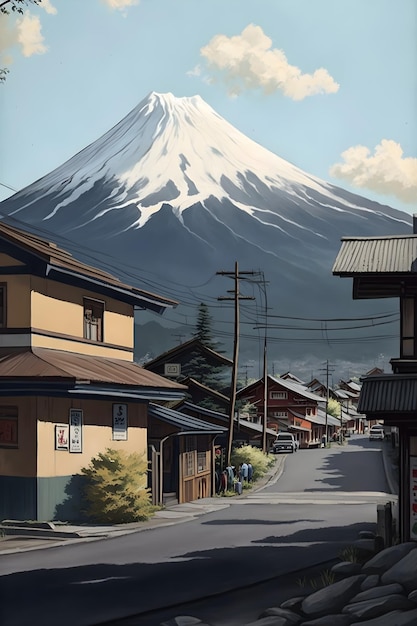 A painting of a street with a mountain in the background