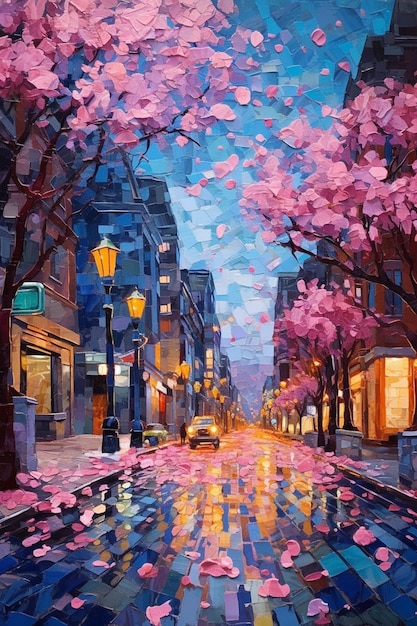 A painting of a street with pink flowers on it