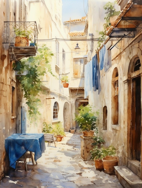 a painting of a street with pots and a tablecloth.