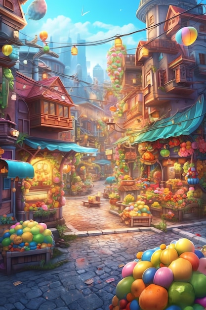 A painting of a street with a store called the candy store.