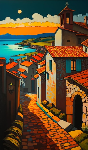 A painting of a street with a sunset in the background.