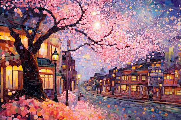 A painting of a street with a tree in the foreground and a street light on the right.