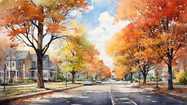 painting of a street with trees and houses in the background generative ai