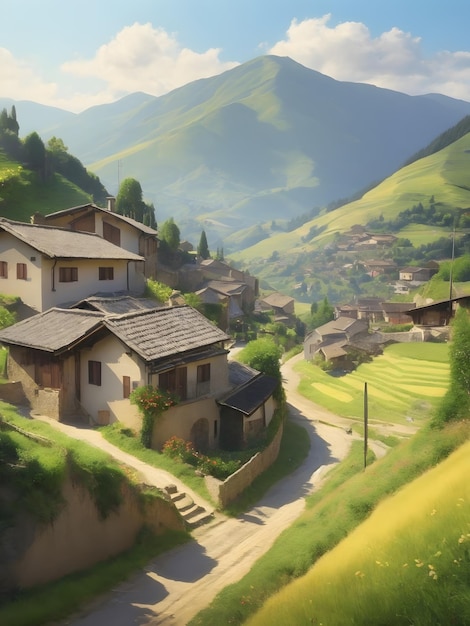 Foto illustrazione di stile di pittura tranquillo piccolo villaggio rurale sul pendio di montagna