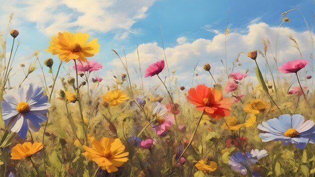 painting style illustration wildflower field in sunny day