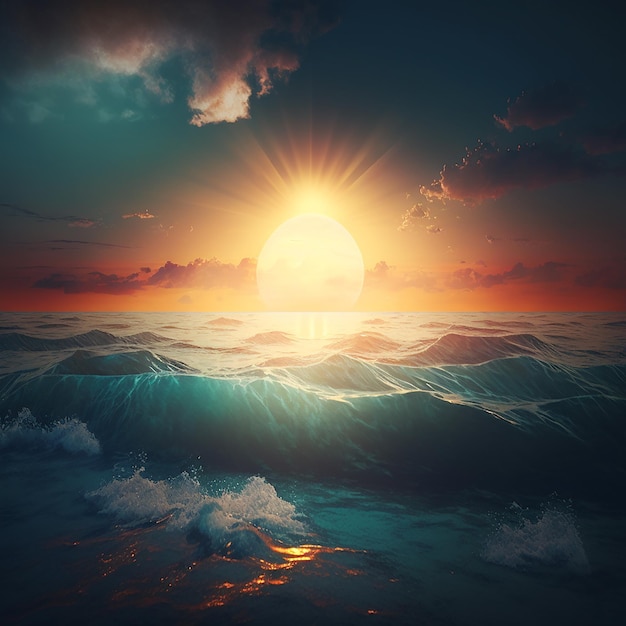 A painting of the sun is shown with the sun setting over the ocean.