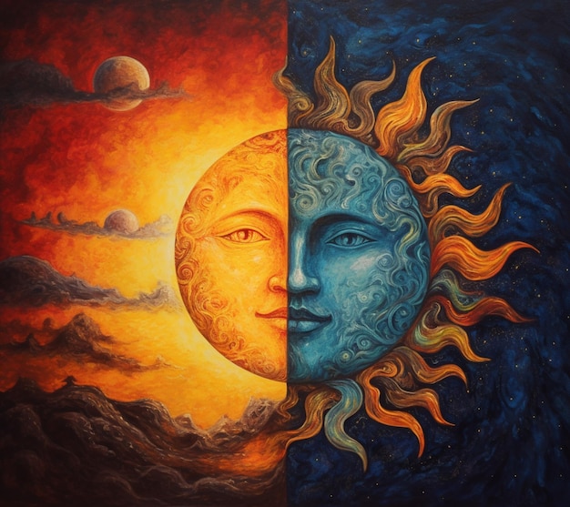 하늘을 배경으로 한 태양과 달의 그림