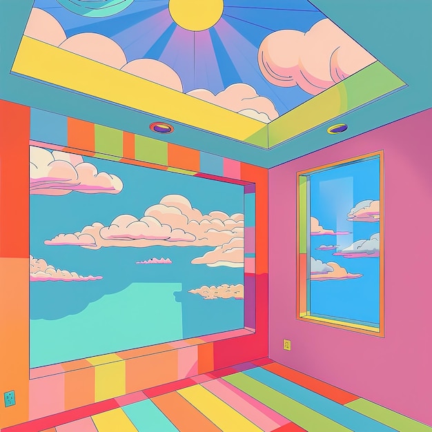 a painting of a sun room with a sky and clouds