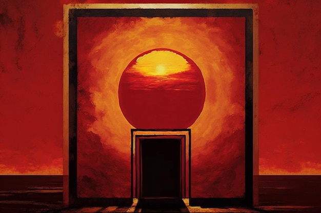 A painting of a sun setting over a doorway with a red background.