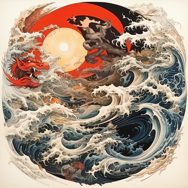 Photo a painting of a sun and waves with a red sun in the background