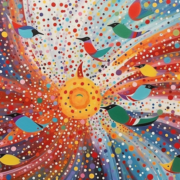 Painting of a sun with birds flying around it generative ai