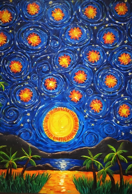 a painting of a sun with the word island on it