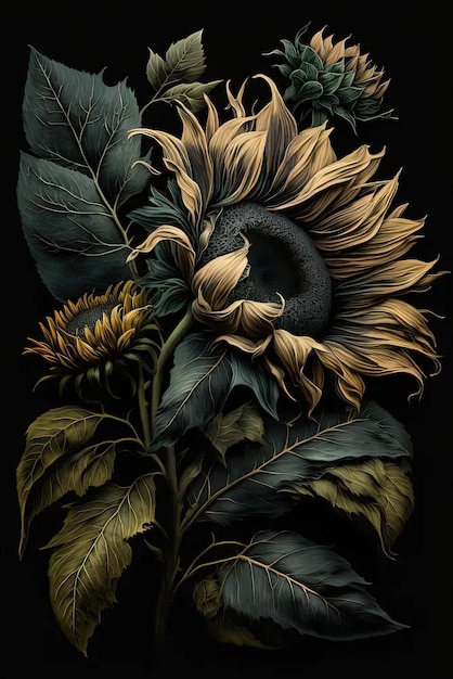 A painting of a sunflower on a black background