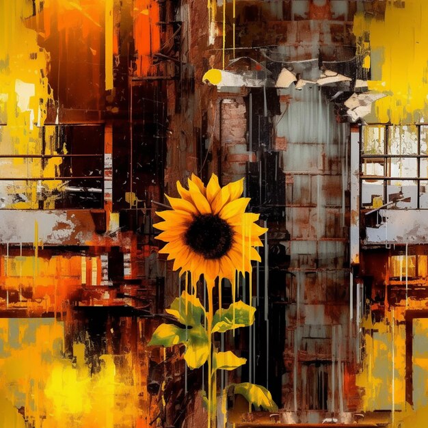 Painting of a sunflower in front of a building with a window generative ai