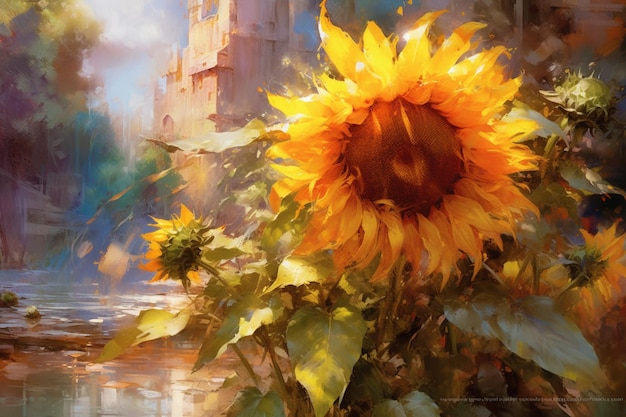 painting of a sunflower in front of a castle with a river generative ai