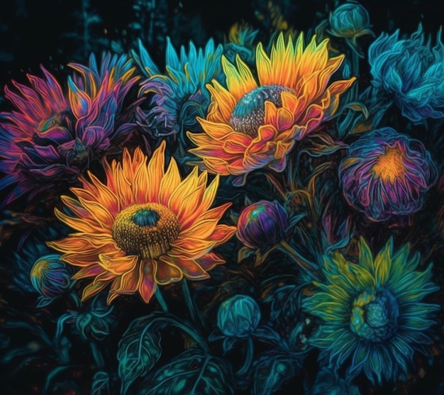 A painting of a sunflower with a blue and yellow background.